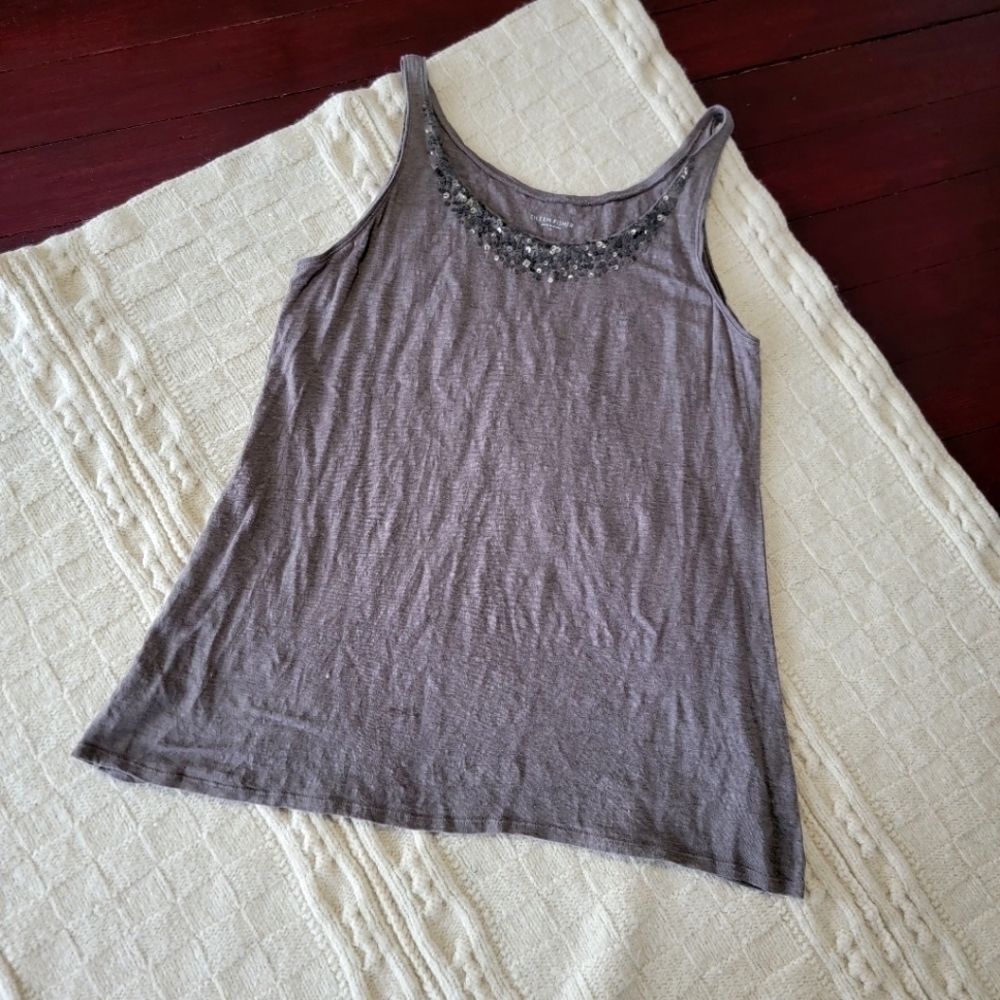 Eileen Fisher Linen Sequin Embellished Scoop Neck Tank Blouse size S Sandstone